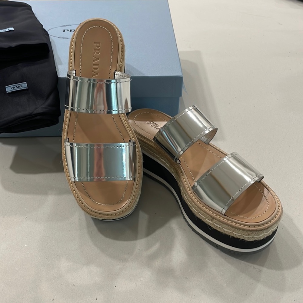 PRADA 2 Platinum Band Espadrille Slide, Argento, size 39 Excellent Condition